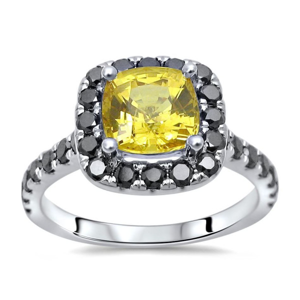 Yaffie ™ Custom Gold Engagement Ring with Cushion-cut Yellow Sapphire and Black Diamond - 1 3/4 TGW