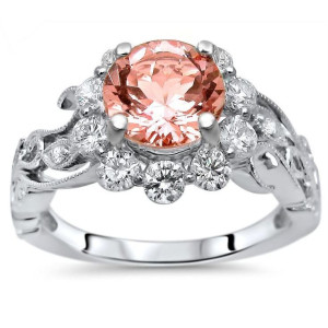 Morganite Floral Diamond Engagement Ring with 1.8 CT Gold Accent by Yaffie
