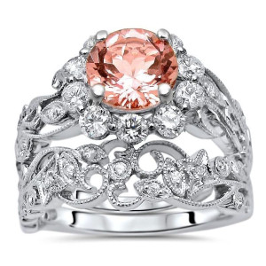 Gold Morganite Flower Diamond Engagement Ring Set