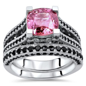 Yaffie Exclusive - A Gold GIA Certified Engagement Ring with Pink Sapphire and Black Diamond, Totaling 3 5/8 ct.