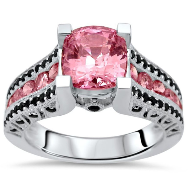 Yaffie Custom Cushion Pink Sapphire & Black Diamond Ring - GIA Certified, 2 1/6ct TGW & 1/3ct TDW