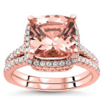 The Yaffie Rose Gold Morganite Diamond Bridal Set with Cushion-cut Centerpiece - 2.5ct Total Gem Weight