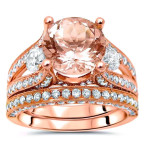 Rose Gold Morganite & Diamond 3-stone Engagement Ring - 3ct Morganite & 1 1/2ct Diamonds