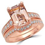 Rose Gold Morganite Diamond Bridal Set with Emerald-cut Stone from Yaffie.