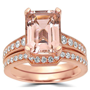 Rose Gold Morganite Diamond Bridal Set with Emerald-cut Stone from Yaffie.
