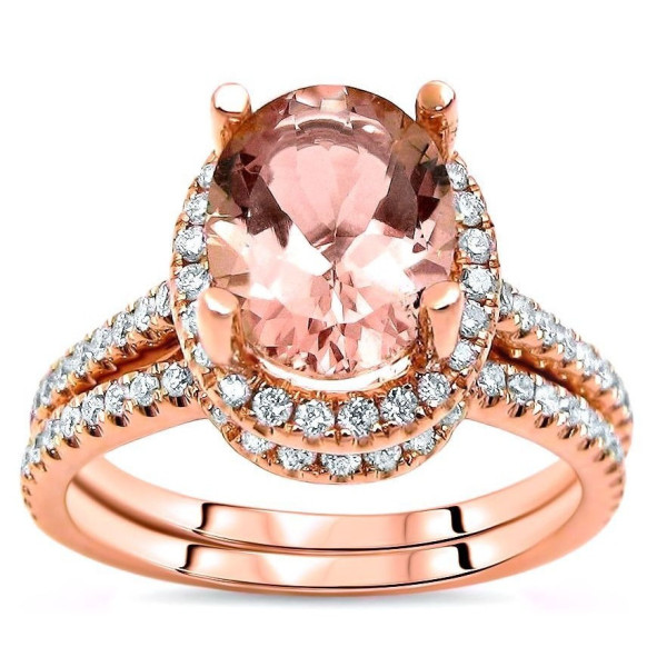 Rose Gold Morganite and White Diamond Bridal Set with 1/2ct Total Diamond Weight
