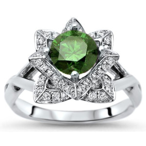 Lotus Flower Engagement Ring with 1 1/6ct TDW Green Diamond, in Yaffie White Gold.