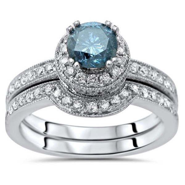 Blue Round Diamond Engagement Bridal Set with 1 1/2ct TDW in White Gold by Yaffie