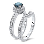 Blue Round Diamond Engagement Bridal Set with 1 1/2ct TDW in White Gold by Yaffie
