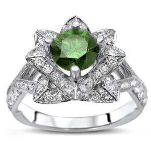 White Gold 1 1/2ct TDW Green Diamond Lotus Flower Engagement Ring - Custom Made By Yaffie™
