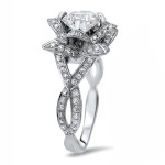 Lotus Flower White Gold Engagement Ring with Dazzling Round Moissanite and Diamond Accent, Totaling 2.05ct.