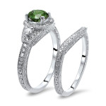 1 1/6ct TDW Bridal Set with Sparkling Green and White Diamonds in Yaffie White Gold