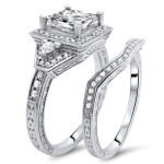Enhanced Princess-cut Diamond Bridal Set with White Gold - Yaffie 1 2/5ct TDW Halo