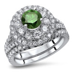Green Round Diamond Double Halo Bridal Set with 1 3/4ct TDW in Yaffie White Gold Engagement Ring