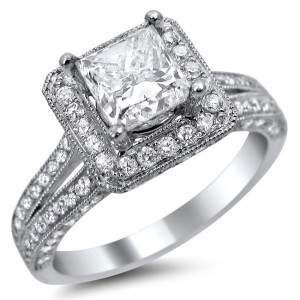 Spectacular 1 3/4ct Diamond Square Halo Engagement Ring in White Gold by Yaffie.