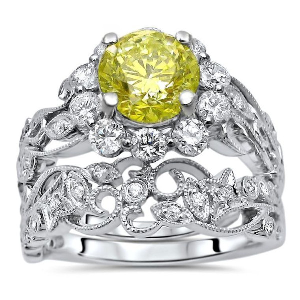 Experience True Love with Yaffie 1 3/4ct Yellow Round Diamond Bridal Set - A White Gold Engagement Ring that Shines Bright