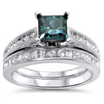 Sparkling Blue Diamond Engagement Ring Set - Yaffie White Gold 1.6 Carat Total