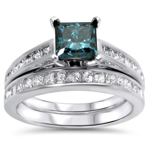 Blue Diamond Engagement Ring Set with 1.6 Carats of White Gold by Yaffie