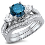White Gold Blue Diamond Bridal Set with 3 Stone Design by Yaffie - 1.6ct Total Weight