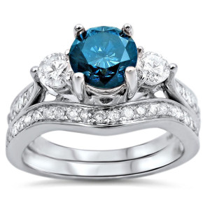 White Gold Blue Diamond Bridal Set with 3 Stone Design by Yaffie - 1.6ct Total Weight