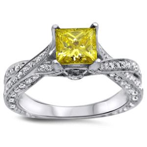 Canary Yellow Princess Cut Diamond Engagement Ring with 1 3/5ct TDW, Crafted in White Gold by Yaffie