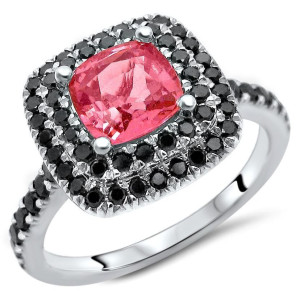 Custom Yaffie ™ Pink Cushion-Cut Sapphire Engagement Ring with Black Diamond Halo - 1 3/5ct TGW in White Gold