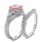 Bridal Set: Yaffie Stunning White Gold Morganite & Diamond Ring with 1 3/5ct Total Gem Weight, Perfect for Your Engagement!