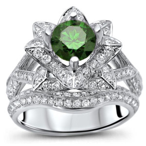 Lotus Flower Bridal Set with Green Round Diamond, Yaffie White Gold 1 7/8ct TDW