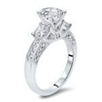 White Gold and Diamond Engagement Ring with Moissanite Center Stone and Three Diamond Accents