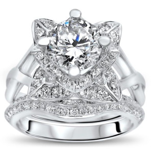 White Gold Lotus Flower Bridal Set with 1ct Moissanite and 3/4ct Diamond Accent