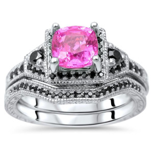 Yaffie ™ Bespoke White Gold Pink Sapphire and Black Diamond Engagement Set with 1ct TGW and 1/3ct TDW