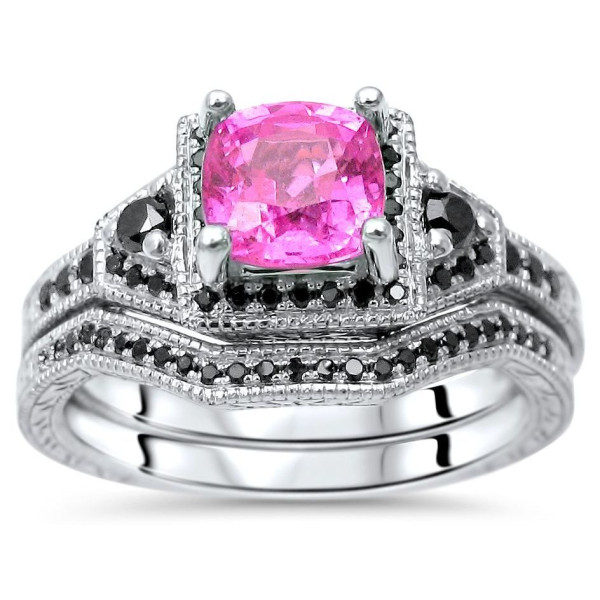 Yaffie™ Custom Makes White Gold Engagement Ring Set with 1ct Pink Sapphire and 1/3ct Black Diamond