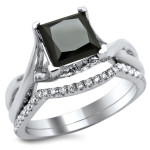 Yaffie Bespoke White Gold Bridal Ring Set with Princess-Cut Diamonds - 2 1/10ct. Black and White.