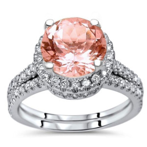 Morganite Diamond Engagement Ring Bridal Set with 2.1 CTW in Yaffie White Gold