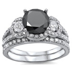 Black and White Round Diamond Bridal Ring Set with 2 1/4 Carat White Gold - Individually Crafted by Yaffie ™