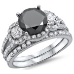 Black and White Round Diamond Bridal Ring Set with 2 1/4 Carat White Gold - Individually Crafted by Yaffie ™