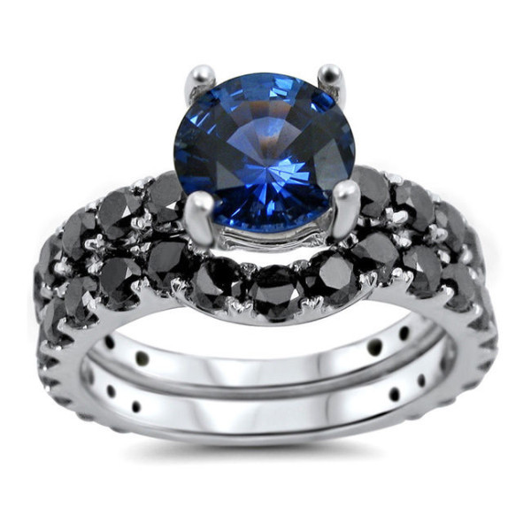 Yaffie™ Unique Black Diamond Blue Sapphire Bridal Ring Set, Adorned with 2 1/6ct TDW White Gold Brilliance.