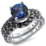 Yaffie™ Unique Black Diamond Blue Sapphire Bridal Ring Set, Adorned with 2 1/6ct TDW White Gold Brilliance.