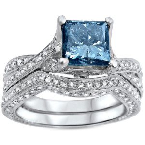 Blue Diamond Majesty: Yaffie White Gold Engagement Ring with 2.4ct TDW Princess Cut