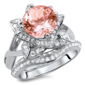 Lotus Flower Bridal Set with Morganite Diamond in White Gold, 2 2/5ct TGW, by Yaffie