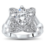 Yaffie Bridal Set: Lotus Flower Moissanite Diamond Engagement Ring in White Gold with 2 3/4 TGW.