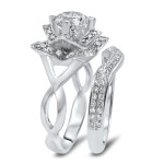 Yaffie Bridal Set: Lotus Flower Moissanite Diamond Engagement Ring in White Gold with 2 3/4 TGW.