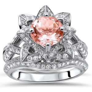 Yaffie Lotus Flower Bridal Set with 2 3/4ct TGW Morganite and Diamond in White Gold