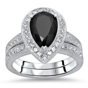 Yaffie ™ Custom Black Pear Diamond Engagement Ring Set - 2 3/5ct TDW in White Gold