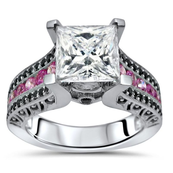 Yaffie ™ Handmade White Gold Engagement Ring with 2.4/5-carat Moissanite, Pink Sapphire, and Black Diamond Princess Cut Stones