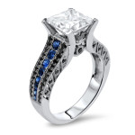 Yaffie Custom White Gold Black Diamond and Blue Sapphire Engagement Ring with 2.8ct Total Gem Weight Princess Moissanite.