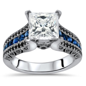 Yaffie Custom White Gold Black Diamond and Blue Sapphire Engagement Ring with 2.8ct Total Gem Weight Princess Moissanite.