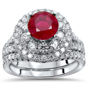 Double Halo Diamond Engagement Ring Set with Yaffie White Gold 2-carat TGW Ruby Brilliance