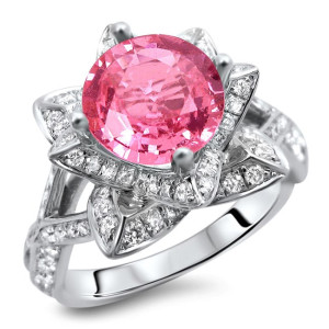 Lotus Flower Ring with 2ct Round Pink Sapphire and Diamonds by Yaffie White Gold