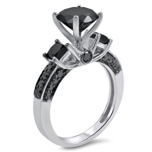 Yaffie Custom White Gold Ring with 2ct TDW Black Round-cut 3-stone Diamonds